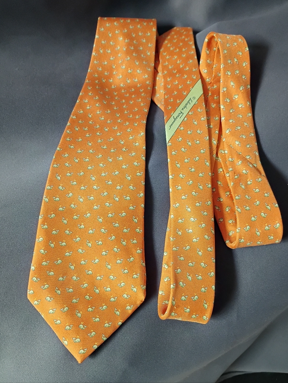 ❤️SALVATORE FERRAGAMO Tangerine Color Whale Theme Silk Necktie Tie